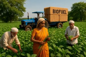 The image shows Indian farmers alongside a tractor carrying densified biomass bales.